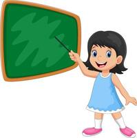 A girl stands in front of the blackboard with a pointer vector