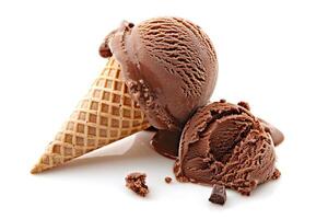 Waffle cone with chocolate ice cream and one scoop isolated on white background. Summer delicious dessert, taste of happiness, ice cream business. photo