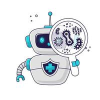 medical robot assistant examines bacteria viruses and microbes under a magnifying glass. Concept of medicine of the future. Personalized healthcare, AI-enabled diagnostics and telemedicine innovations vector