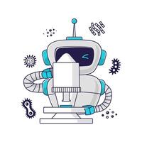 Medical robot assistant looks into a microscope, analyzes, examines cells. Concept of medicine of the future. Personalized healthcare, AI-enabled diagnostics and telemedicine innovations. vector