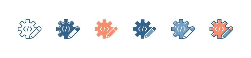 Business development coding with gear and pencil icon set website and application programming optimization with cog control symbol illustration digital project management vector