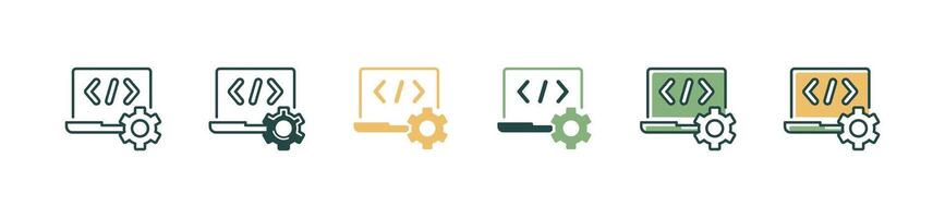 software developer programming icon with laptop and cog gear code building management symbol illustration vector