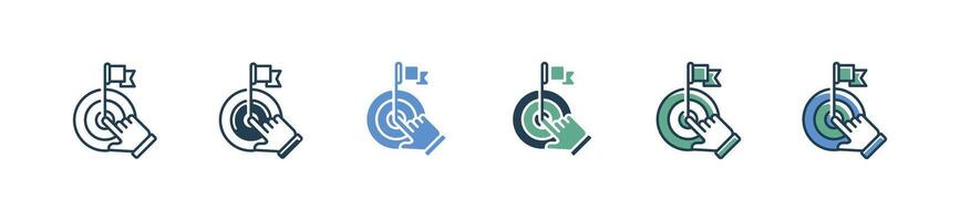hand pointing target arrow archery icon with flag in the center business challenge bullseye success objective strategy marketing symbol illustration vector