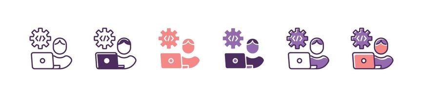 man with laptop building software development programming icon computer coding for business setup with cog gear symbol illustration vector