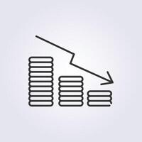 line art declining coin bar chart with stack coin icon logo illustration design vector
