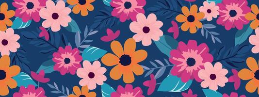 Bright seamless hand-drawn floral pattern. Modern pattern of flowers on a blue background. vector