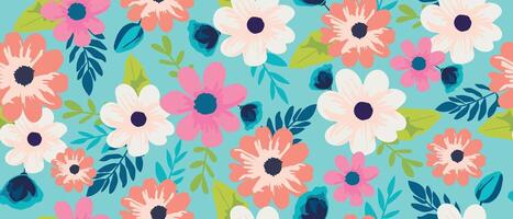 Bright seamless hand-drawn floral pattern. Modern pattern of flowers on a blue background. vector