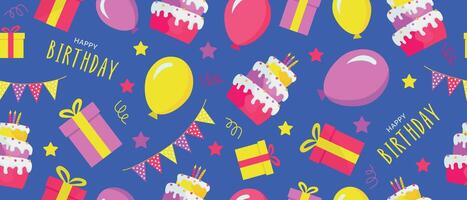 Seamless pattern with cake, gifts and balloons, Happy Birthday, on a blue background. vector