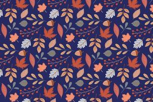 Autumn pattern with various leaves and plants, flowers on a blue background. vector
