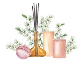 Diffuser with reed sticks, scented candles, lavender bath bomb, and green botanical evergreen accents. Aromatherapy, relaxing spa ambience. Tranquility, calmness, rejuvenation. Watercolor illustration vector