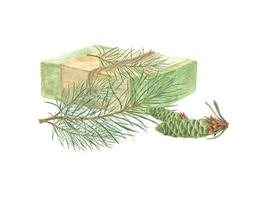 Handmade green Soap bars wrapped in paper and tied with jute rope. Pine branch and cones next to spruce bath soap. Hygiene natural product. Hemp burlap ropes tied in bows. Watercolor illustration vector