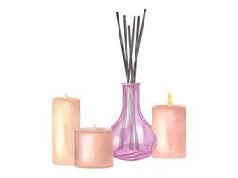 Glass diffuser with reed sticks and burning scented candles. Cozy home elements for aromatherapy, relaxing spa ambience. Calmness, rejuvenation. Watercolor illustration. For spa salon design, poster vector