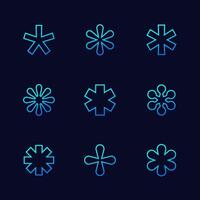 asterisks icons set, line design vector