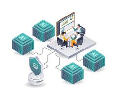 The team is analyzing cloud data security isometric illustration vector
