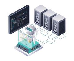 Robots Analyzing Data in Cloud Servers vector