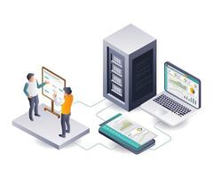 Developers discussing analytics data from cloud servers vector