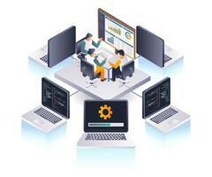 Coworkers analyze computer data technology vector
