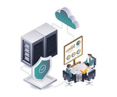 Coworkers are analyzing data from the cloud server system vector