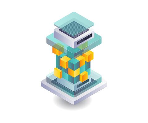 Server technology utilizing blockchain isometric illustration