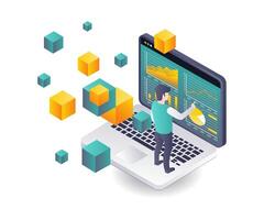Workers analyzing business data in blockchain technology vector