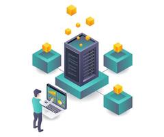Workers processing data analysis of blockchain server technology vector