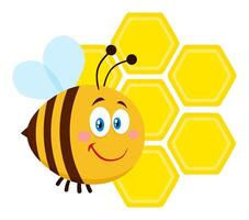 Smiling Bee Cartoon Character Bee Flying In Front Of A Honeycombs vector