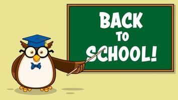 Owl Teacher Cartoon Character With Graduate Cap In Front Of School Chalk Board vector