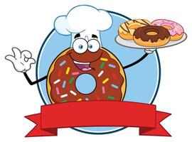 Chocolate Chef Donut Cartoon Mascot Character With Sprinkles Circle Label Design vector