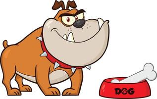 Smiling Bulldog Cartoon Character With Bowl And Bone vector
