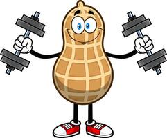 Smiling Peanut Cartoon Character Training With Dumbbells vector