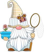 Cute Spring Gnome Cartoon Character With Flower Pot Holding A Butterfly Net vector