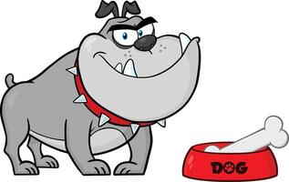 Smiling Gray Bulldog Cartoon Character With Bowl And Bone vector