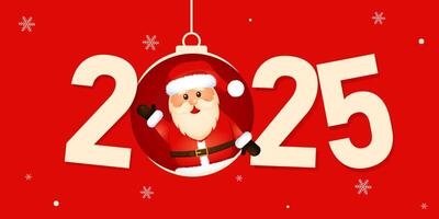 Banner for the new year 2025 with a cheerful santa on a Christmas ball, happy new year greetings. vector