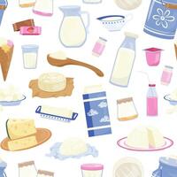 seamless pattern dairy products. Milk, cheese and yogurt endless food background. Ice cream, butter, cream, repeating print for textile, wrapping, fabric design. Colored flat illustration vector