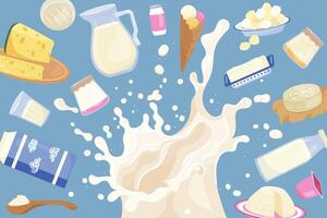 dairy products with milk splashes horizontal background. Milk probiotic product advertising banner. Template design for websites, print media vector