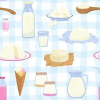 seamless pattern dairy products on blue checkered. Milk, cheese, yogurt and ice cream endless food background. Repeating print for textile, wrapping, fabric design. Colored flat illustration vector