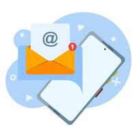 Concept of receiving message notifications on mobile phone. mobile app, email marketing, incoming newsletter, new email notification, cartoon bubble with email notification. flat illustration. vector