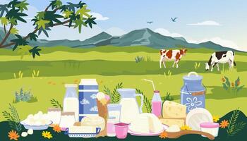 dairy products horizontal banner with nature landscape. Summer rural landscape with set of milk products from farm and herd cows. Design elements for infographics, websites and print media vector