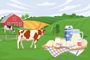 dairy products horizontal banner with nature landscape. Summer rural landscape with set of milk products from farm and herd cows. Design elements for infographics, websites and print media vector