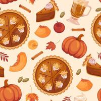 seamless Thanksgiving pumpkin pie pattern with pumpkin latte, cinnamon and apples. Template page design traditional American cake. Background for wallpaper, packaging, wrapping paper. vector