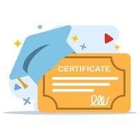 graduation certificate concept. University graduation, college for students, graduation certificate with trophy icon with stamp and ribbon bow. Educational diplomas for student learning success. vector