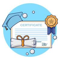 graduation certificate concept. University graduation, college for students, graduation certificate with trophy icon with stamp and ribbon bow. Educational diplomas for student learning success. vector