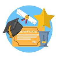 graduation certificate concept. University graduation, college for students, graduation certificate with trophy icon with stamp and ribbon bow. Educational diplomas for student learning success. vector