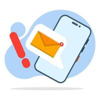 Concept of receiving message notifications on mobile phone. mobile app, email marketing, incoming newsletter, new email notification, cartoon bubble with email notification. flat illustration. vector