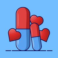 Capsule medicine concept, Open Capsule with Heart Symbol Illustration. open pill capsule, pellets falling from capsule, pill composition, Medical Design Concept. vector