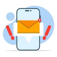 Concept of receiving message notifications on mobile phone. mobile app, email marketing, incoming newsletter, new email notification, cartoon bubble with email notification. flat illustration. vector