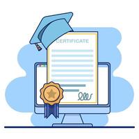 graduation certificate concept. University graduation, college for students, graduation certificate with trophy icon with stamp and ribbon bow. Educational diplomas for student learning success. vector