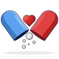 Capsule medicine concept, Open Capsule with Heart Symbol Illustration. open pill capsule, pellets falling from capsule, pill composition, Medical Design Concept. vector