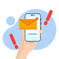 Concept of receiving message notifications on mobile phone. mobile app, email marketing, incoming newsletter, new email notification, cartoon bubble with email notification. flat illustration. vector