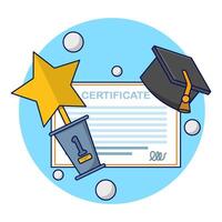 graduation certificate concept. University graduation, college for students, graduation certificate with trophy icon with stamp and ribbon bow. Educational diplomas for student learning success. vector